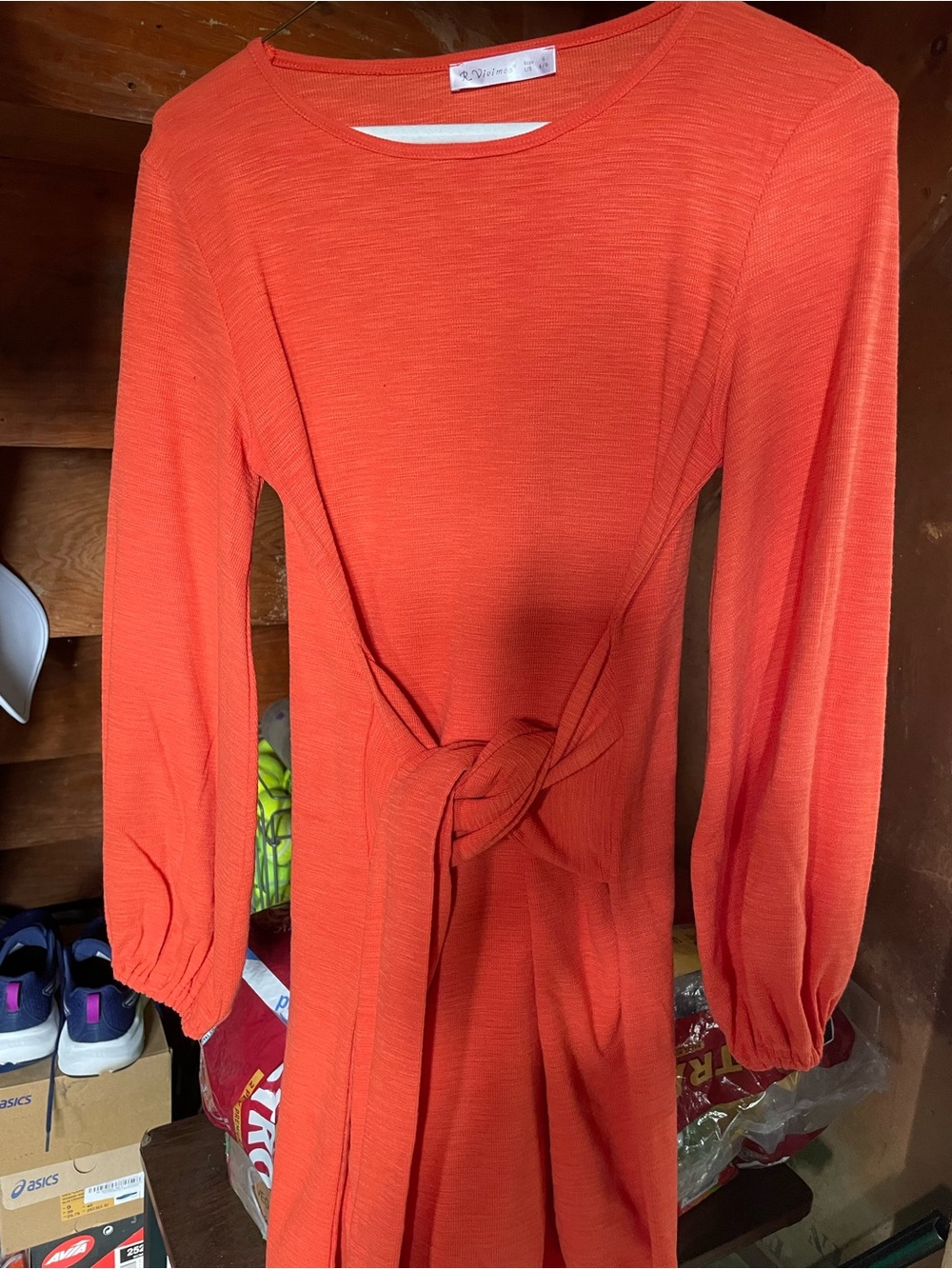 Women's Orange Long Sleeve Knot-Waist Dress